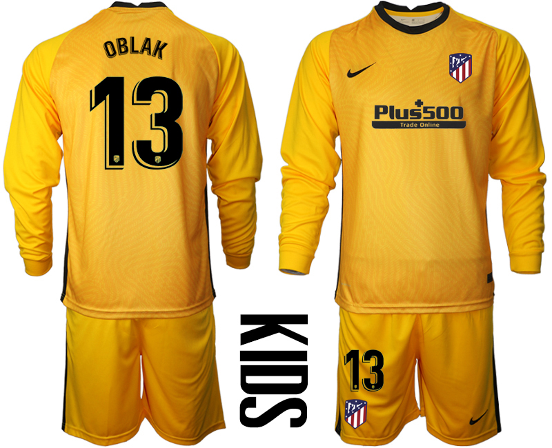 2021 Atletico Madrid yellow goalkeeper youth long sleeve #13 soccer jerseys